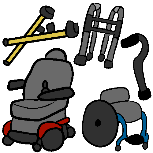 A cluster of mobility aids at different angles, including a heavy duty power chair, an ultralight manual wheelchair, an offset cane, a walker, and a pair of yellow forearm crutches.